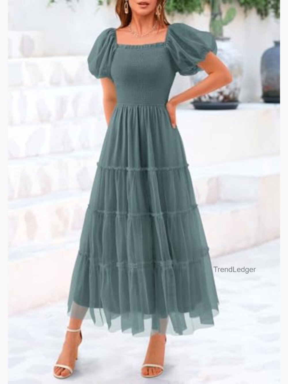 Smocked Midi Tulle Dress Puffy Sleeves Square Neck Wedding Guest Party - Picture 6 of 7